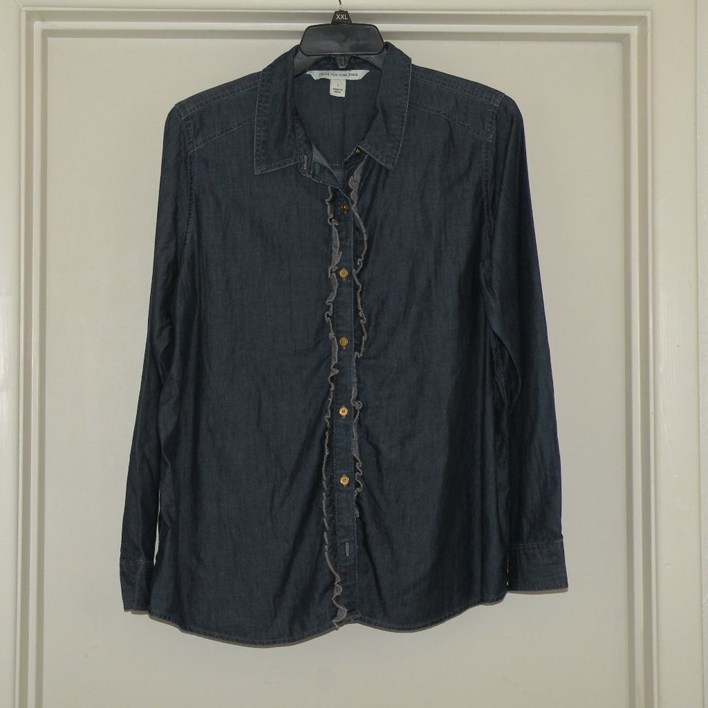 Jones New York Jeans Denim Chambray Button Down Shirt Ruffles Large